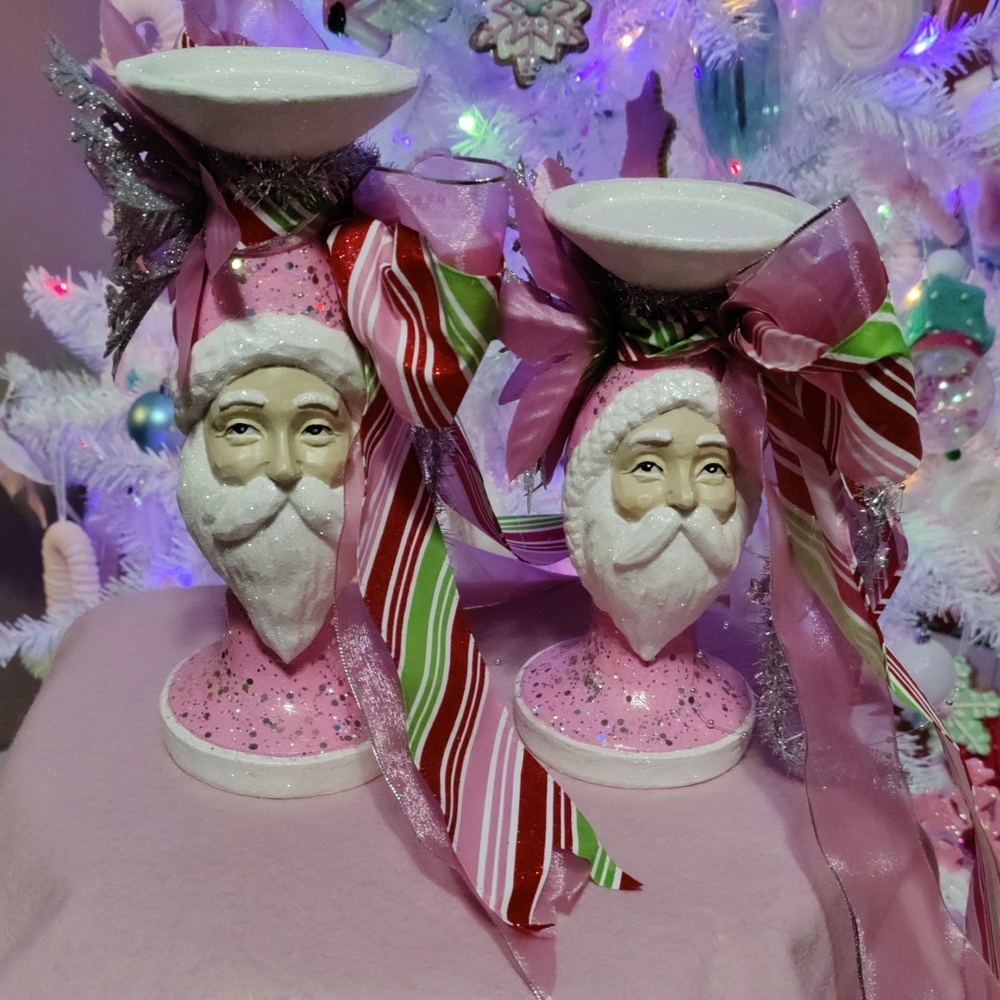 Pink Santa Candle Holders with Ribbons